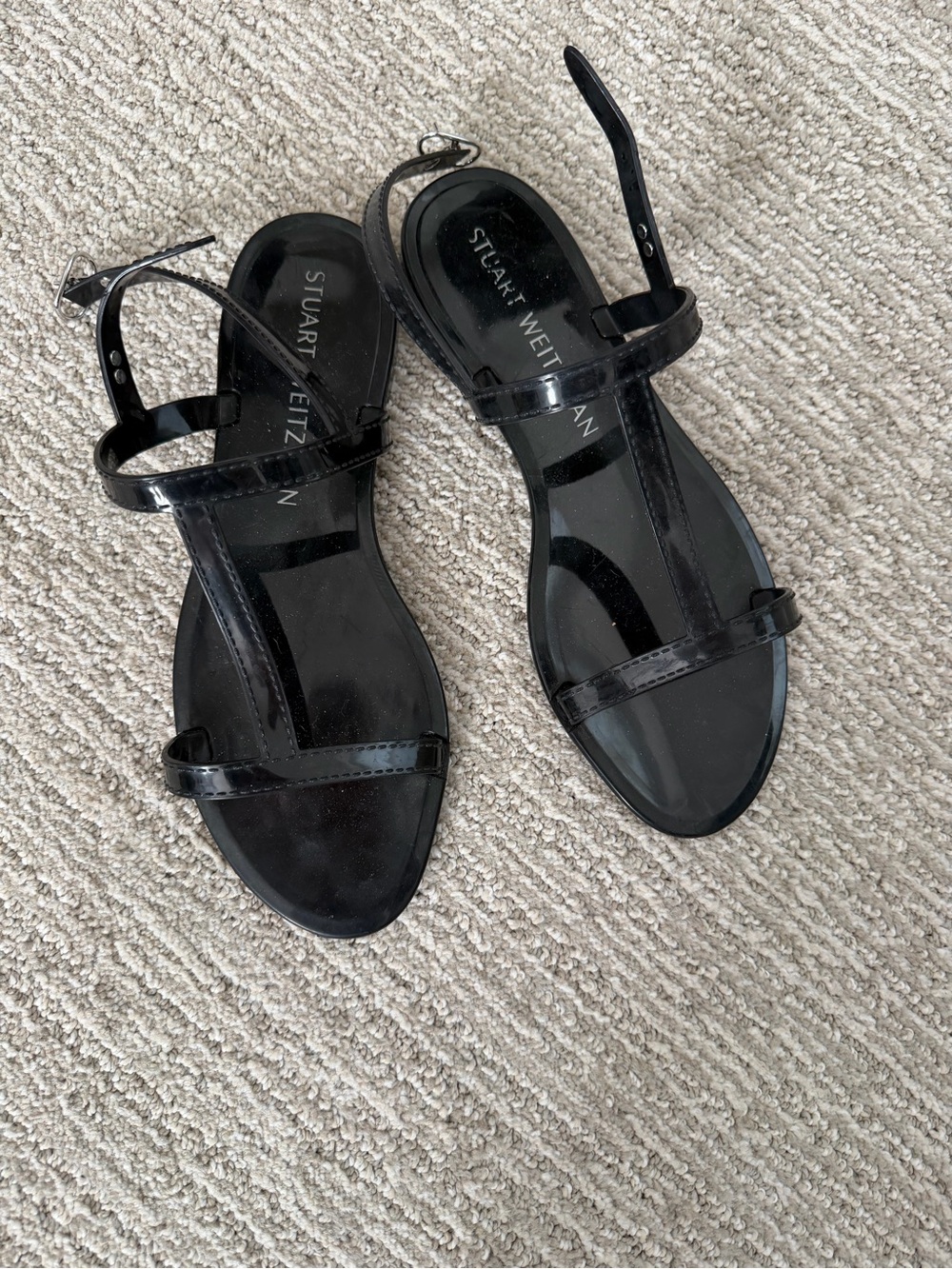 Stuart Weitzman Black Patent T-Strap Sandals